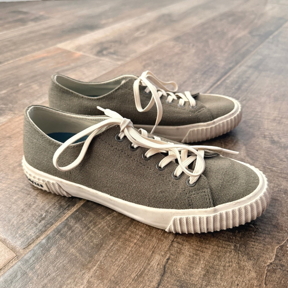 SeaVees Womens Darby Slub Linen Low Sneakers, Olive, 7.5